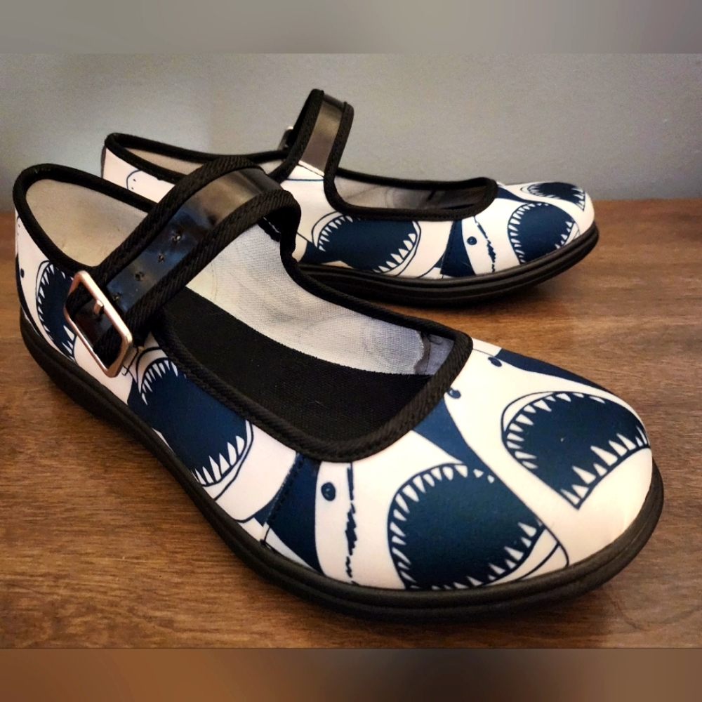 Rare! Adorable Blue and White Shark Print Mary Jane Shoes